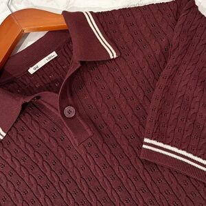 GU Dark Burgundy Cable Knit Short Sleeve Polo | Size L